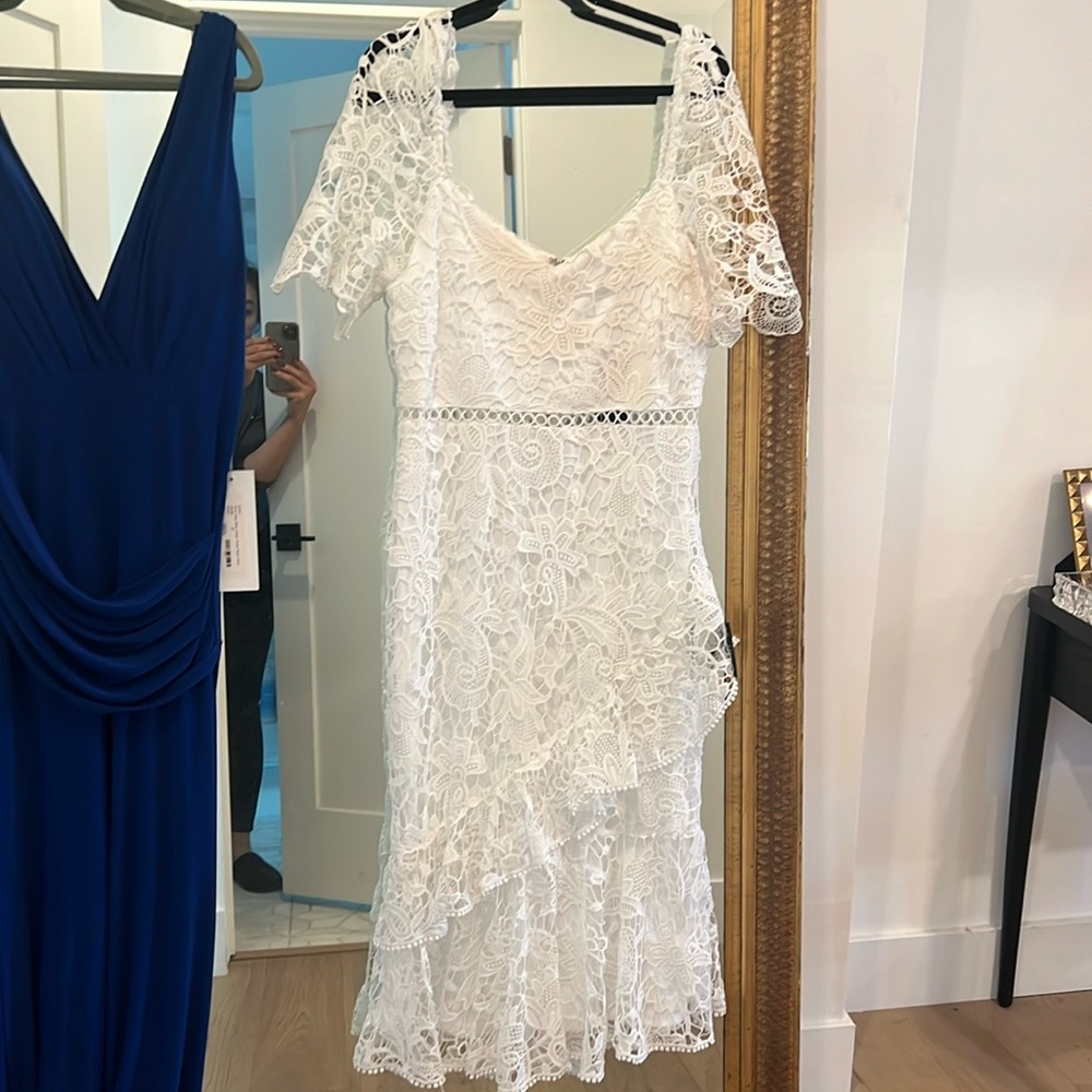 Brand new LULU white cocktail bridal shower lace ruffle dress